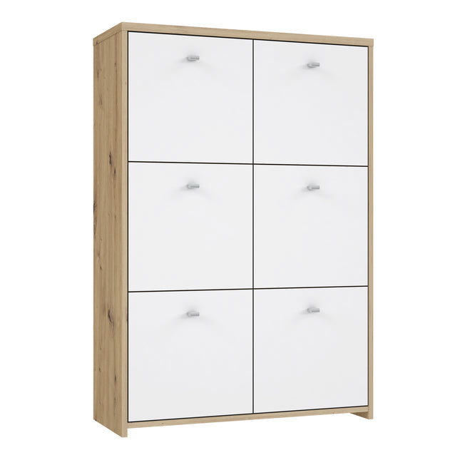 Storage cabinet with six drawers, featuring a natural wood frame and white glossy fronts with silver handles