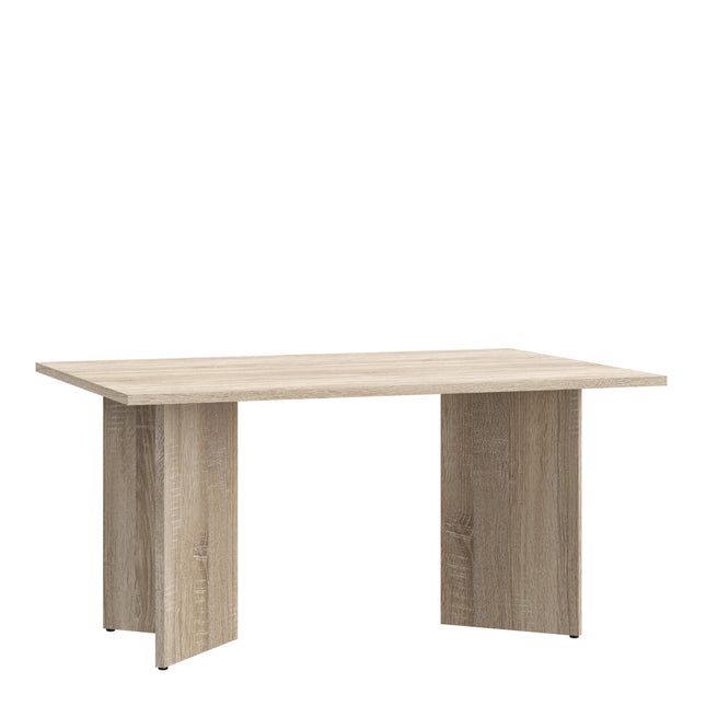 Rectangular table with a smooth surface and two sturdy, block-style legs, finished in a light wood effect