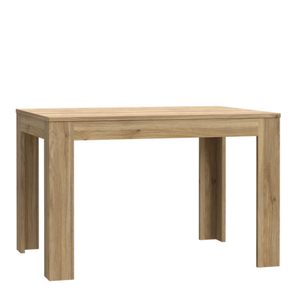 Rectangular dining table with a smooth wooden surface and sturdy square legs in a light oak finish