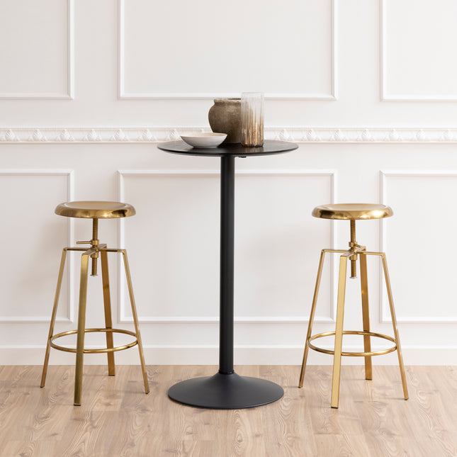 Two adjustable-height bar stools with round seats and gold brushed steel legs, placed beside a black round table
