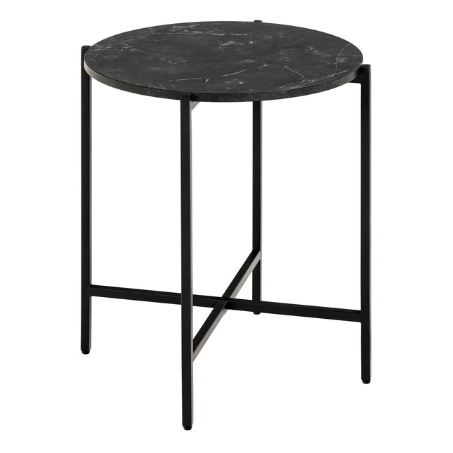 Round side table with a smooth black marble top and slender black metal legs, featuring a crossbar for stability