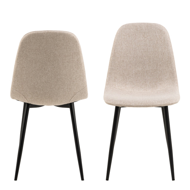 Set of four dining chairs with a curved backrest and upholstered seat in beige fabric, supported by black metal legs
