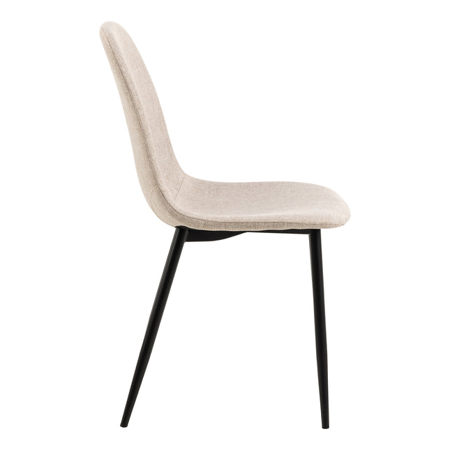 Dining chair with a curved backrest and upholstered seat, featuring slender black metal legs, in a light beige fabric