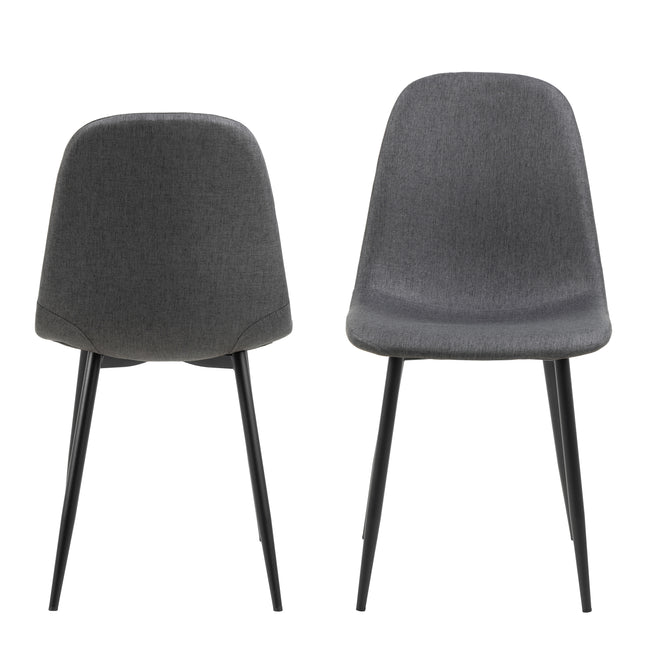 Set of two dining chairs with curved backs and tapered black legs, upholstered in light grey fabric