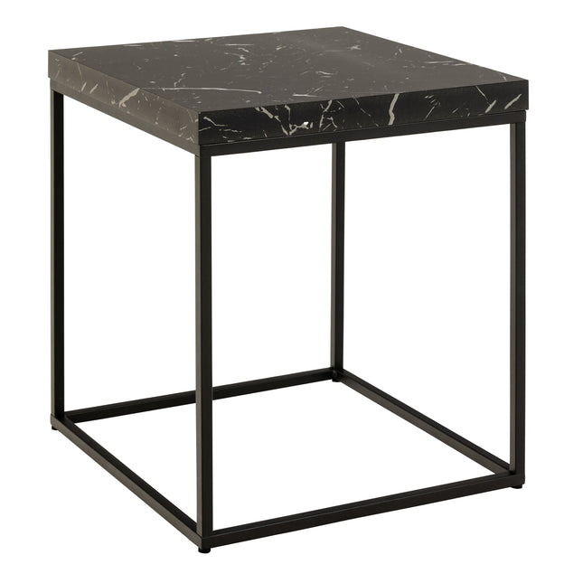 Square side table with a black marble top and a minimalist black metal frame