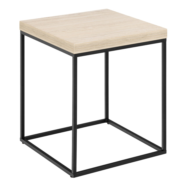 Square coffee table with a light wood top and a black metal frame
