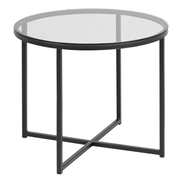 Round side table with a glass top and a black metal frame featuring a cross base design
