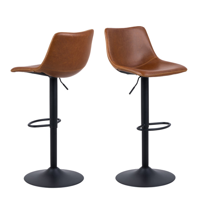 Bar stool with a curved brown leather seat and a black metal base, featuring a footrest and adjustable height