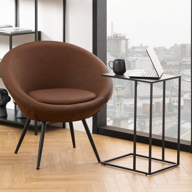 Side table with a square metal frame and a slim top, positioned beside a round brown leather chair