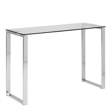 Console table with a rectangular glass top and sleek chrome legs