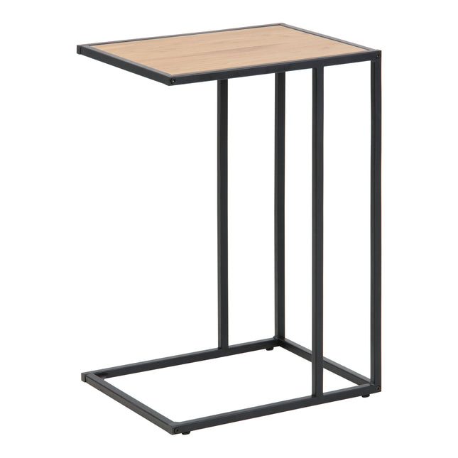 Side table with a rectangular wooden top and a black metal frame, featuring an open C-shaped design