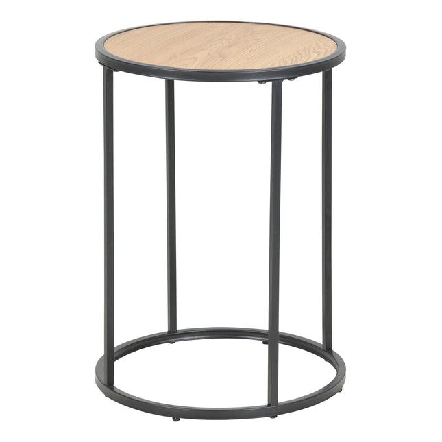 Small round side table with a wooden top and black metal frame, featuring a minimalist design and open circular base