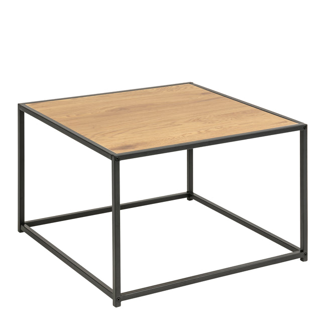 Square coffee table with a light oak top and a black metal frame, featuring clean lines and a minimalist design