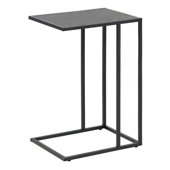 Square side table with a slim black metal frame and a flat top surface