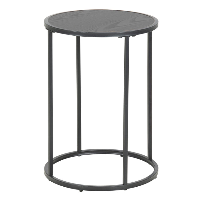 Small round side table with a sleek black metal frame and a smooth circular top