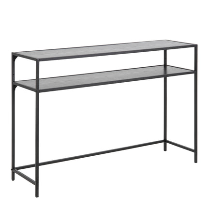 Console table with a sleek black metal frame and two open shelves, featuring a smooth wooden top