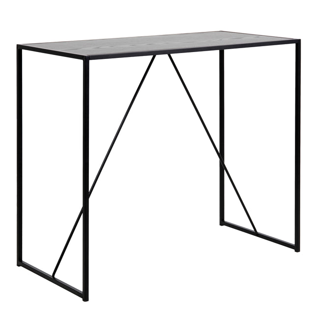 Rectangular bar table with a black metal frame and a smooth oak top, featuring diagonal support beams for stability