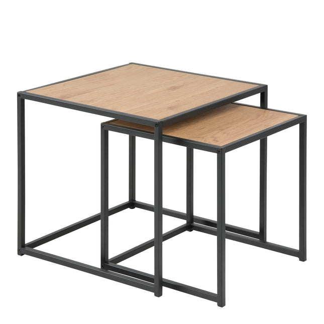 Nest of tables with a rectangular wooden top and a black metal frame, featuring a smaller table that fits underneath