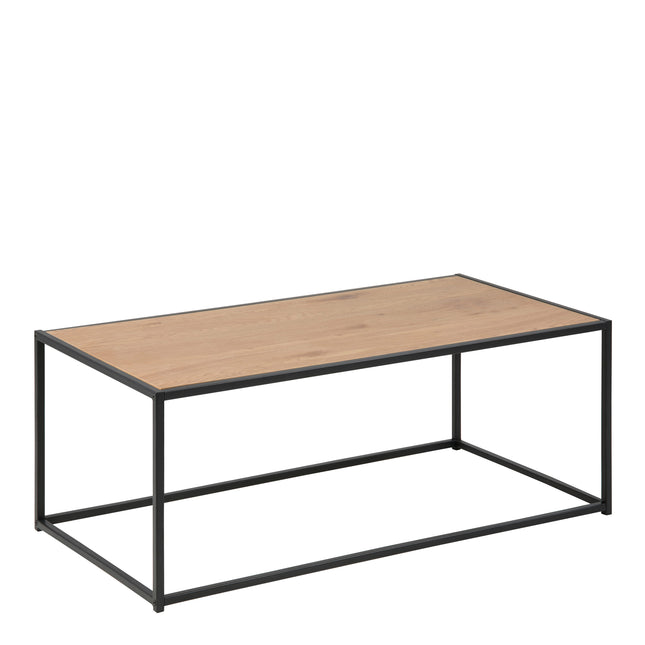 Rectangular coffee table with a smooth oak top and a sturdy black metal frame