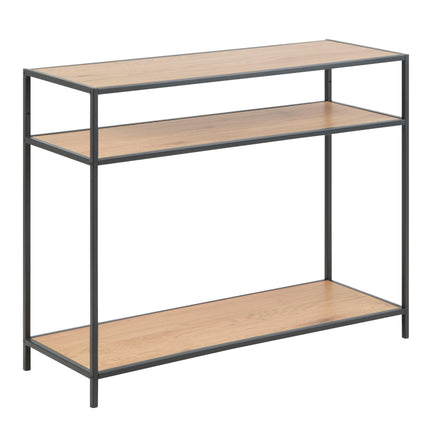 Console table with two open shelves, featuring a light wood top and a black metal frame