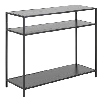 Console table with two open shelves, featuring a sleek black metal frame and a smooth wooden top