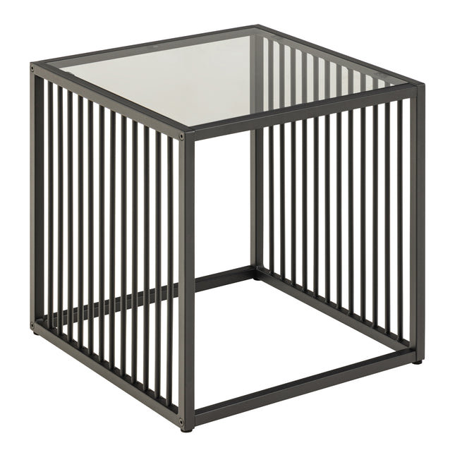 Square side table with a glass top and a black metal frame featuring vertical slats