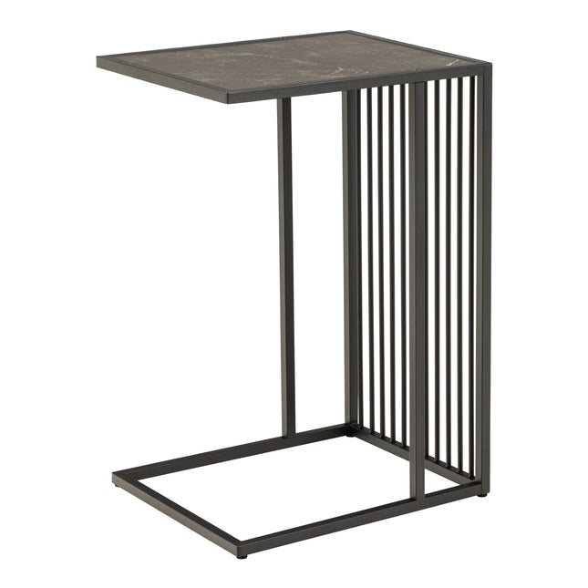Tall side table with a square top and open metal frame, featuring vertical slats in a black finish