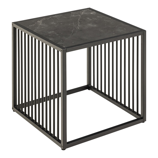 Square side table with a glass top featuring a marble effect, supported by a black metal frame with vertical slats