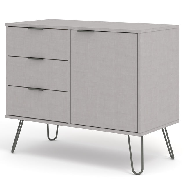 Compact sideboard with three drawers and a cabinet door, featuring a light grey finish and slender metal legs
