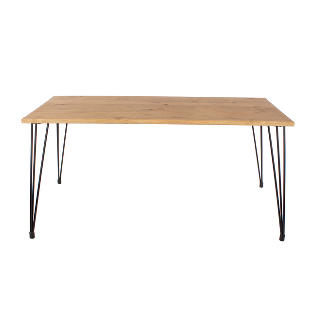 Rectangular dining table with a smooth wooden top and slender black metal hairpin legs