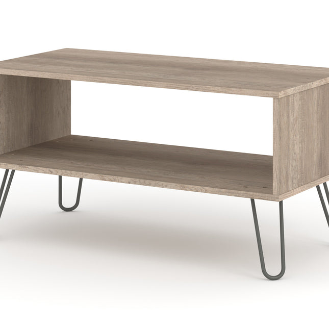 Open coffee table with a rectangular top and under-shelf, featuring a light wood finish and slender metal legs