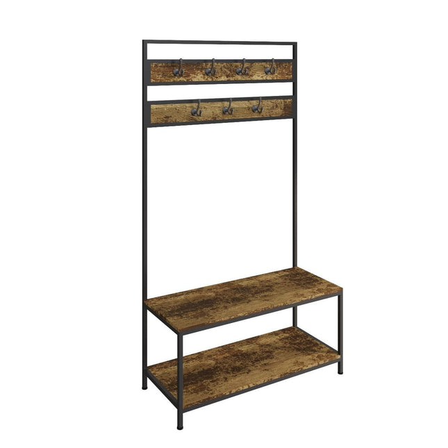 Coat rack with two rows of hooks and a lower shelf, featuring a rustic wood finish and a black metal frame
