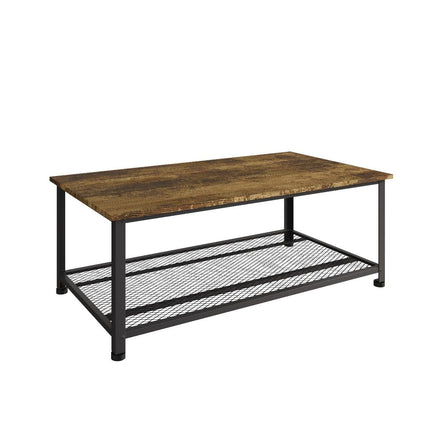Rectangular coffee table with a textured wooden top and a black metal frame, featuring a mesh lower shelf