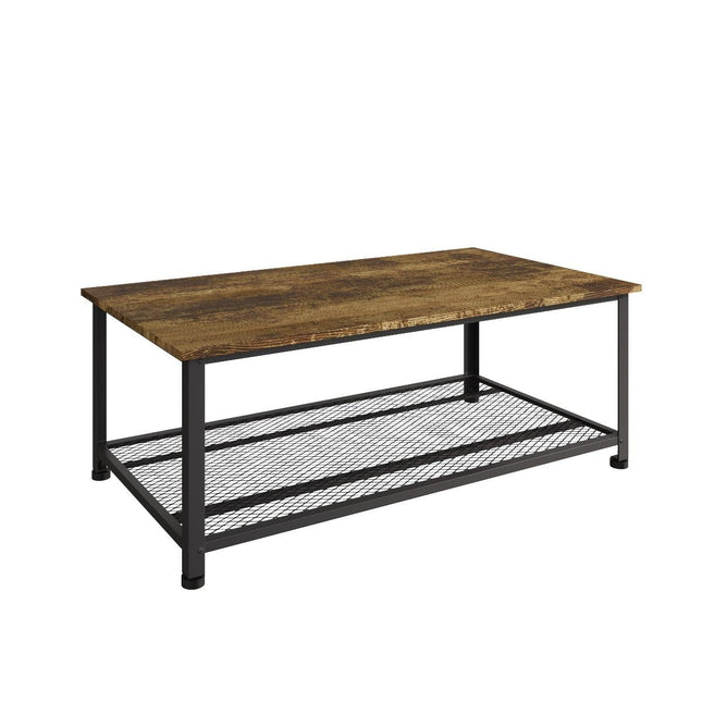 Rectangular coffee table with a textured wooden top and a black metal frame, featuring a mesh lower shelf