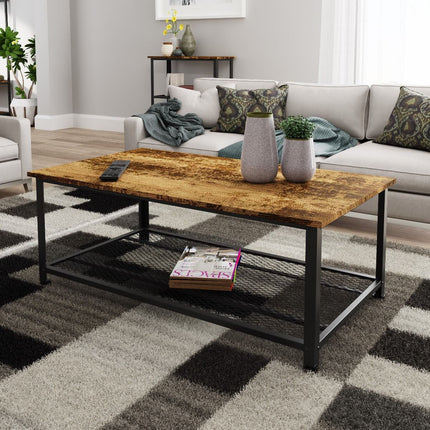 Rectangular coffee table with a textured wooden top and black metal frame, featuring a lower mesh shelf for storage