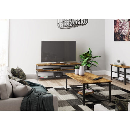 Rectangular coffee table with a wooden top and black metal frame, placed on a patterned rug in a modern living room setting