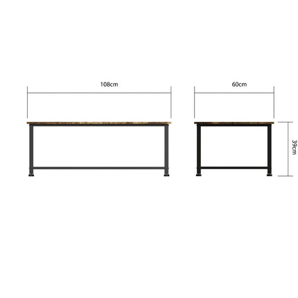 Rectangular table with a walnut wood top and black metal legs, measuring 108cm by 60cm and 35cm in height