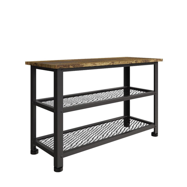 Low console table with a wooden top and two metal mesh shelves, featuring a black frame