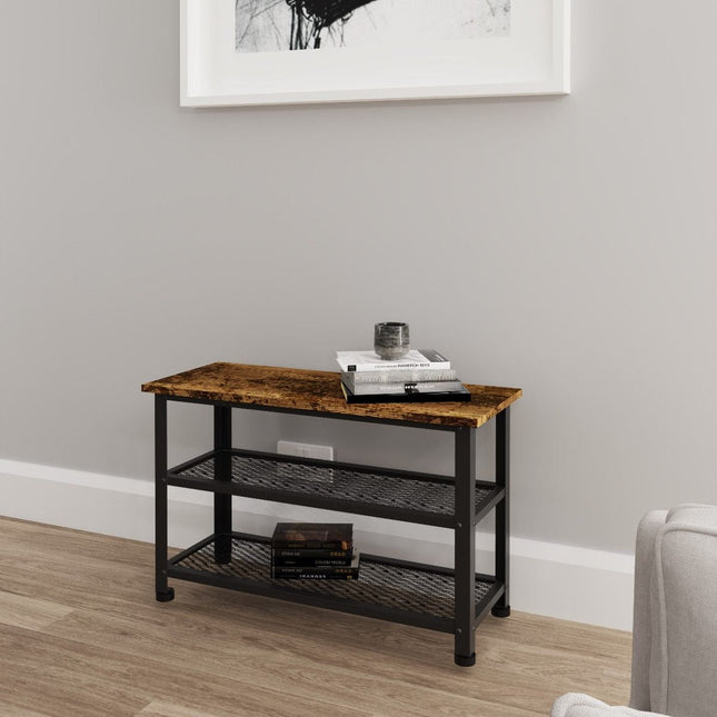 Low console table with a walnut top and black metal frame, featuring two open shelves for storage
