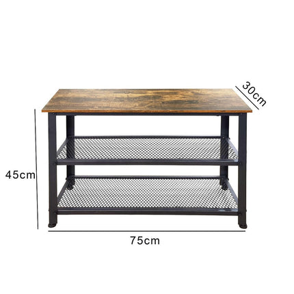Low console table with a rectangular wooden top, black metal frame, and two mesh shelves underneath