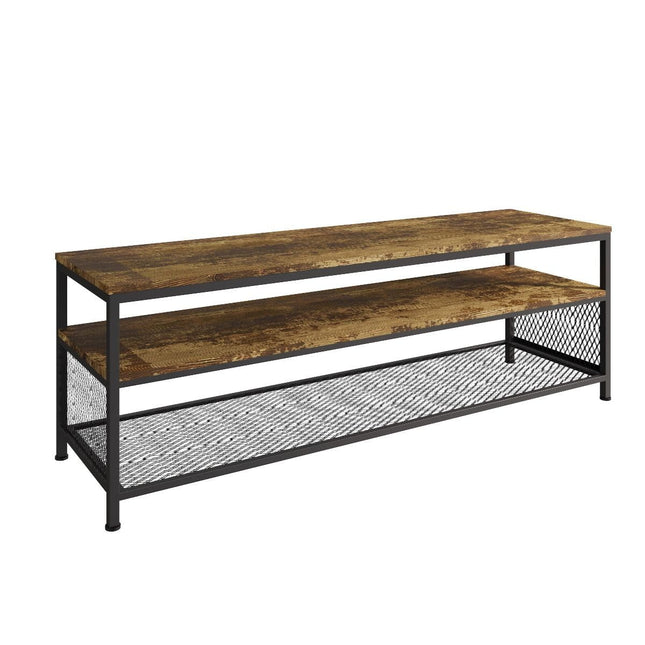 Low TV unit with two wooden shelves and a metal mesh base, featuring a rustic finish in brown and black