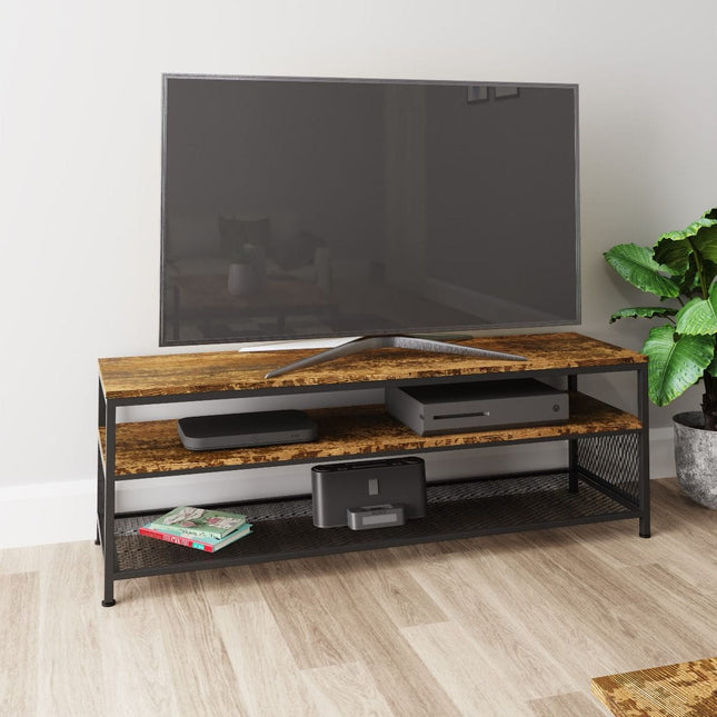 Low TV unit with two wooden shelves and a metal frame, featuring a textured walnut finish and a mesh lower shelf