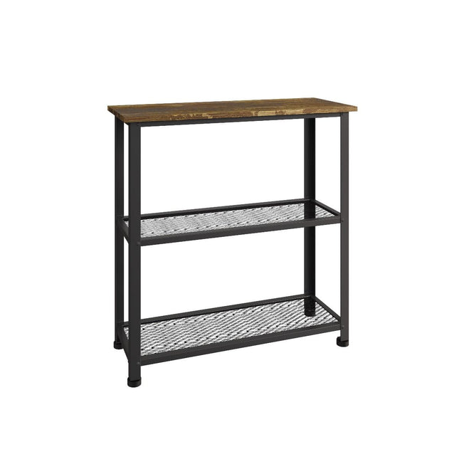 Console table with a rectangular wooden top, two metal mesh shelves, and a black metal frame