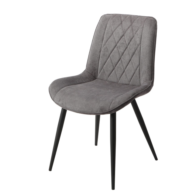 Dining chair with a diamond-stitched grey fabric seat and backrest, supported by sleek black metal legs