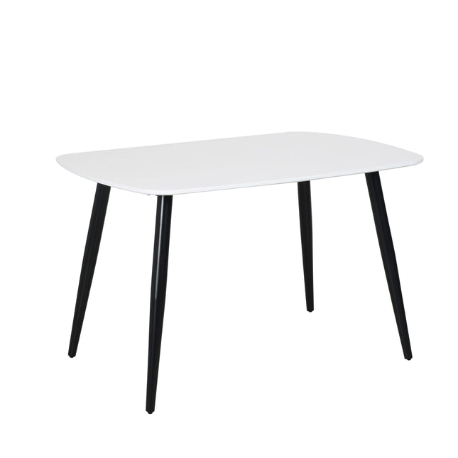 Rectangular dining table with rounded edges, featuring black steel legs and adjustable feet, finished in white