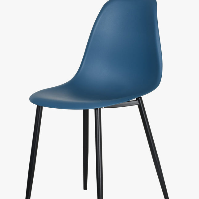 Curved dining chair with a smooth blue plastic seat and slender black metal legs