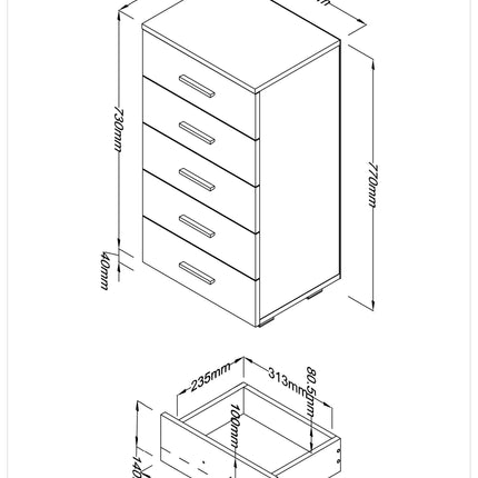 Contemporary - Glossy White Narrow 5 Drawer Chest
