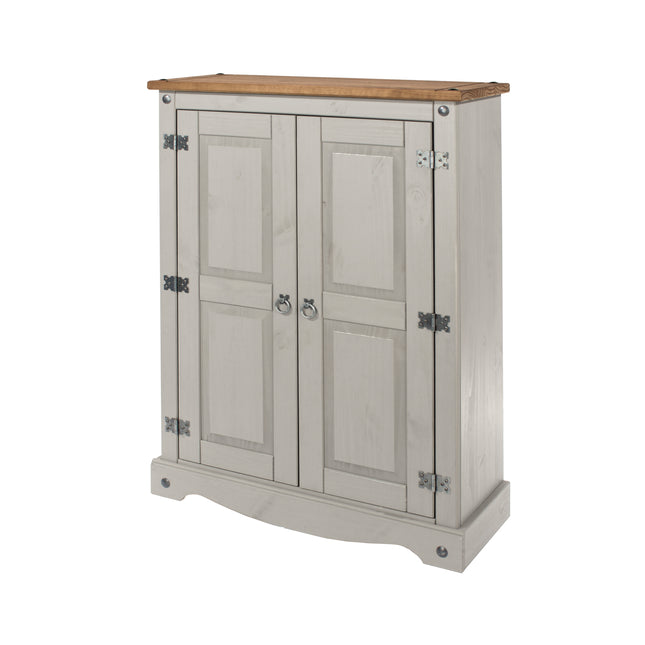 Two-door cupboard with a light grey finish, wooden top, and decorative metal hinges. Features a simple, classic design