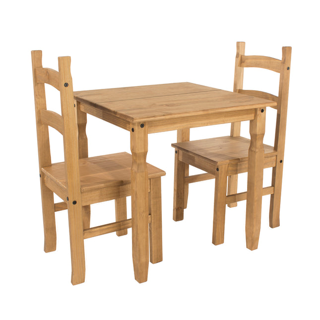 Square wooden table with two matching chairs, all in a light natural finish