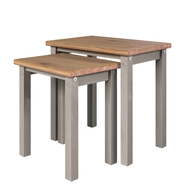 Nest of two tables with a natural wood top and grey wooden legs, featuring a simple, modern design
